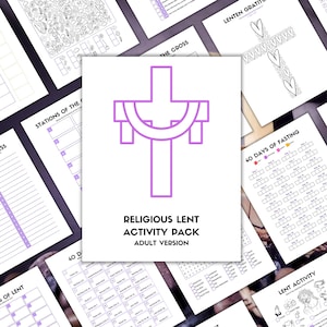 May include: A printable religious Lent activity pack for adults. The cover features a purple cross with a banner and the text "Religious Lent Activity Pack Adult Version".