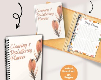 May include: A printable cleaning and decluttering planner or binder with 85 pages. The cover features a watercolor design of feathers and flowers in shades of peach and brown. The text "Cleaning & Decluttering Planner" is printed in black on the cover.