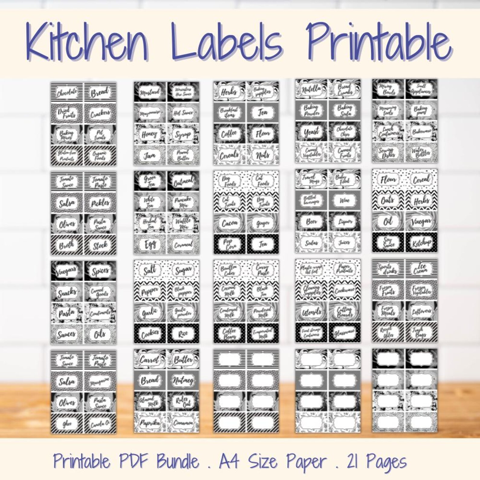 Printable Kitchen Storage Labels | Black and White Pantry Labels ...