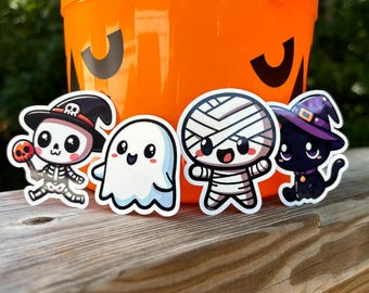 Cute Halloween  Die Cut Stickers, Cute Ghost, Cute Mummy, Cute Skeleton, and Cute Cat Wearing a Witch Hat