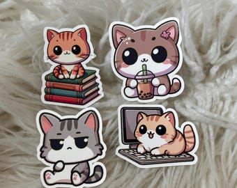 Cute Cat Die Cut Stickers, Cute Cat on Books, Computer Cat, Boba cat, Bored cat