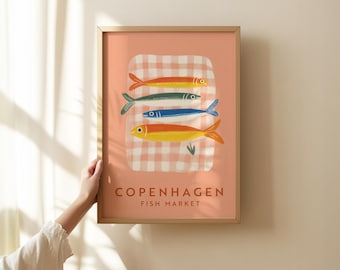 Copenhagen Fish Market Print - Scandinavian Sardine Poster, Blush Hygge Kitchen Food Illustration, Danish Travel Printable DIGITAL DOWNLOAD