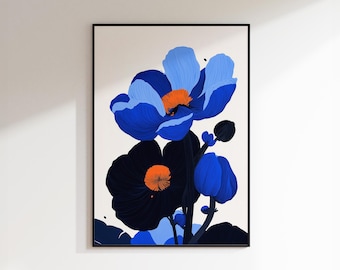 Può includere: Un'illustrazione digitale di fiori blu e neri con centri arancioni su uno sfondo bianco.