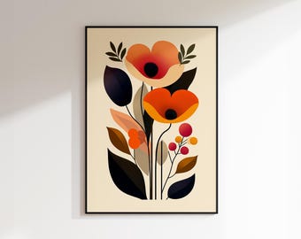 Può includere: Un'illustrazione digitale di un bouquet di fiori stilizzati con petali rossi, arancioni e marroni. I fiori sono circondati da foglie e steli verde scuro.