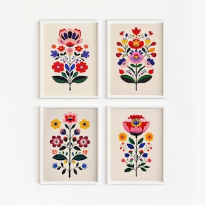 Scandinavian Floral Folk Art Set of 4 | Scandi Boho Wall Art | Modern Cottagecore | Scandinavian Style Gallery Wall Set | DIGITAL DOWNLOAD