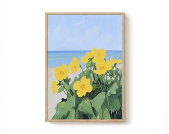 Può includere: Un dipinto di fiori gialli in fiore su uno sfondo di oceano blu. I fiori sono in primo piano e l'oceano è sullo sfondo. Il dipinto è incorniciato in una cornice di legno chiaro.