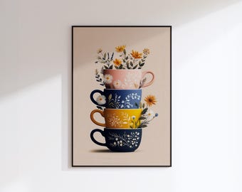 Colorful Kitchen Print - Cozy Floral Coffee Cup Artwork, Scandinavian Style Cottagecore Wall Art, Retro Flower Picture (Digital Download)