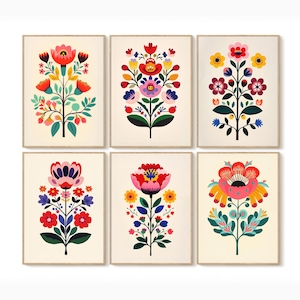 Scandinavian Folk Art Printable Set of 6 Colorful Floral Wall Art Boho Mid Century Prints for Living Room Kitchen Nursery DIGITAL DOWNLOAD