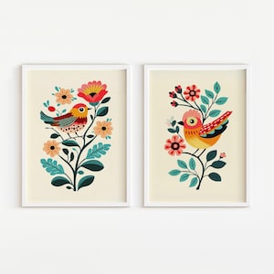 Scandinavian  Folk Art Floral Print Birds and Flowers Picture Scandi Cottagecore Wall Art Scandinavian Style Gallery Print DIGITAL DOWNLOAD
