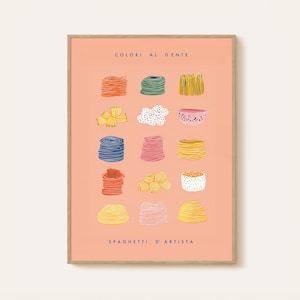 Spaghetti Print: Peach Kitchen Wall Art, Retro Foodie Illustration (Digital Download)