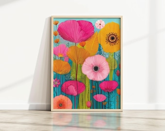 Maximalist Dopamin Dekor - Wildblumen Print - Bunte Blumen Wand Kunst - Pinke und Orange Mohnblumen - Kinderzimmer Kunst