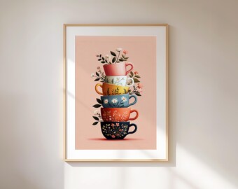 Floral Kitchen Wall Art - Boho Teacup Coffeemug & Flowers Printable, Botanical Scandinavian Print, Stockholm Style (Digital Download)
