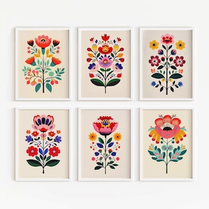Ensemble de 6 oeuvres d'art folklorique floral scandinave | Art mural bohème scandinave | Cottagecore moderne | Ensemble mural galerie de style scandinave | TÉLÉCHARGEMENT NUMÉRIQUE