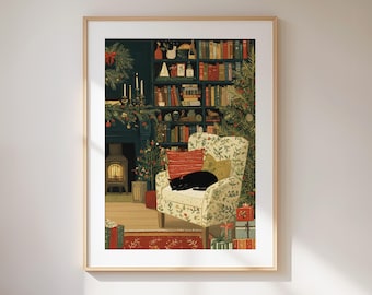 Cozy Holiday Print - Warm Christmas Cat Art, Vintage Festive Wall Decor DIGITAL DOWNLOAD