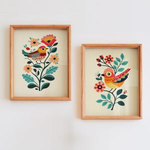 Scandinavian Floral Folk Art Set of 2 | Birds and Flowers | Scandi Boho Wall Art | Scandinavian Style Gallery Wall Set | DIGITAL DOWNLOAD