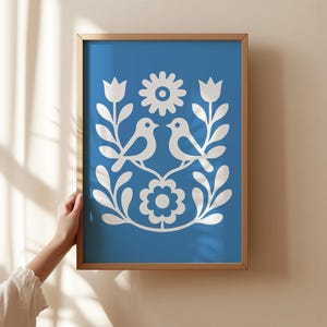 Folk Art Vögel Print: Skandinavische Blumenwandkunst (Digitaler Download)