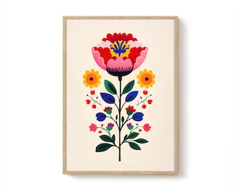 Può includere: Un'illustrazione floreale colorata con un grande fiore rosa, rosso e giallo al centro. Il fiore ha uno stelo blu e foglie verdi. Ai lati ci sono fiori gialli più piccoli e bacche rosse.