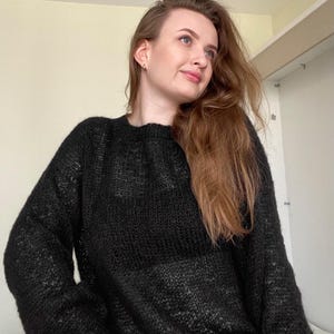 Airy Black Mohair Sweater, Hand Knit Pullover, Oversized Knit Sweater in Mohair, Loose Fit, Black sweater, Chunky sweater
