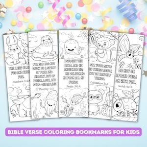 Segnalibro da colorare con versetto della Bibbia stampabile per bambini, pagina da colorare per download digitale, studio biblico per bambini di affermazione, segnalibro con animali d'arte digitale