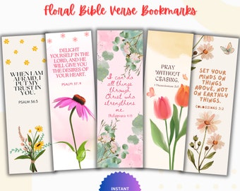 Floral Christian Printable Bookmark Digital Print, Printable 5 Bible Verses Bookmark Set Digital Download, Book Lover Gift Bible Journaling