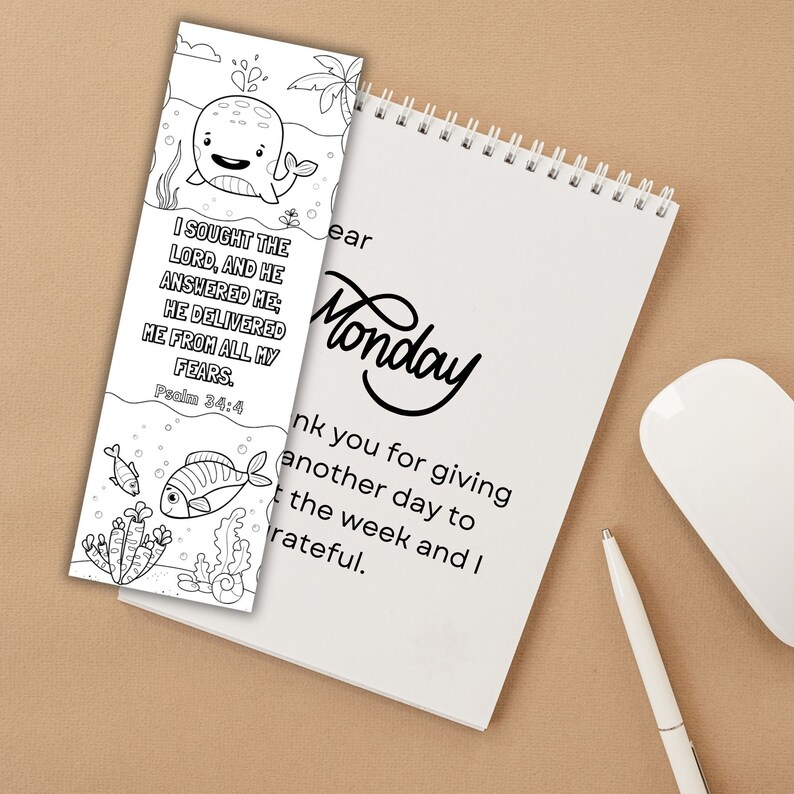 May include: A black and white coloring page bookmark featuring a whale with a happy face and the text "I sought the Lord, and he answered me. He delivered me from all my fears. Psalm 34:4".