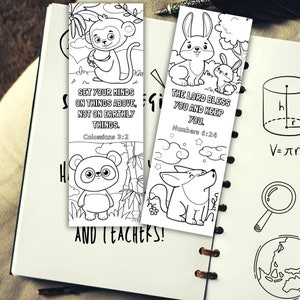 May include: Three black and white printable bookmarks featuring a monkey, a rabbit, and a fox. The bookmarks include bible verses: "Set your minds on things above, not on earthly things. Colossians 3:2" and "The Lord bless you and keep you. Numbers 6:24".