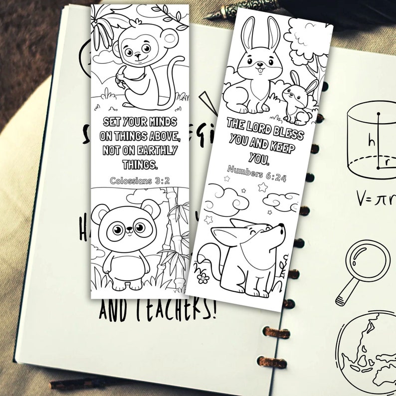 May include: Three black and white printable bookmarks featuring a monkey, a rabbit, and a fox. The bookmarks include bible verses: "Set your minds on things above, not on earthly things. Colossians 3:2" and "The Lord bless you and keep you. Numbers 6:24".