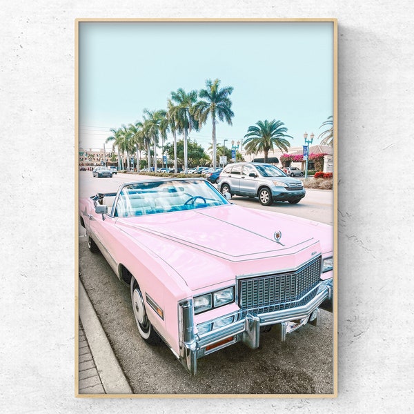 Pink Cadillac photo paper print or canvas, American car decor, Pink and Blue framed canvas, Vintage car wall art, Worldwide Free Shipping