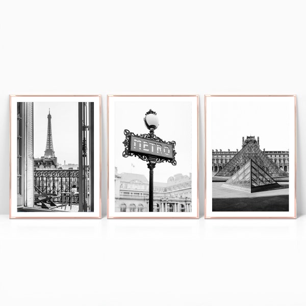 Lot de 3 photos de Paris en noir et blanc sur impression ou toile, décoration d'intérieur française, images d'architecture européenne, tour Eiffel, Louvre, enseigne de métro