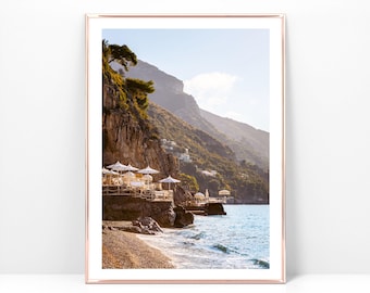 Amalfi Coast beach umbrellas photo on paper print or canvas, Mediterranean coastal poster, European beach decor, Positano Italy photography