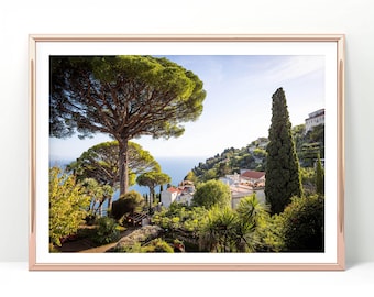 Amalfi Coast Ravello view photo on paper print or canvas, Mediterranean trees coastal poster, European beach decor, Italy ocean photography