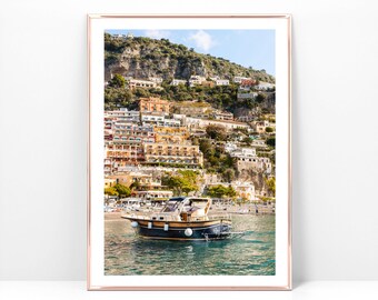 Amalfi Coast Positano beach photo on paper print or canvas, Mediterranean coastal poster, European beach decor, Positano boat photography