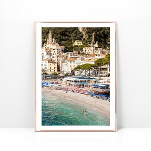 Foto della spiaggia della Costiera Amalfitana su carta stampata o tela, poster costiero mediterraneo, arredamento spiaggia europeo, fotografia Positano Italia