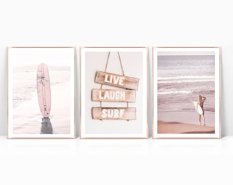 Set of 3 Blush Pink Surfer Girl photos on print or canvas, Girl's room decor, Feminine beach prints, Coastal print set, Live Laugh Surf