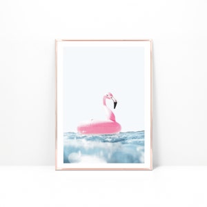Flamingo floater photo on print or canvas, Pink Coastal wall art,  Beach house decor framed canvas, gift for beach girl, girls room decor