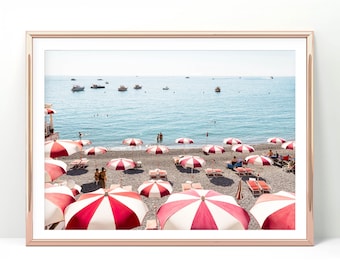 Amalfi Coast beach umbrellas photo on paper print or canvas, Mediterranean coastal poster, European beach decor, Italy ocean photography