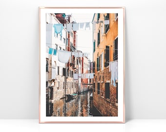 Laundry hanging over a Canal in Venice photo on print or canvas, Mediterranean Laundry Room Decor, Italy wall art, Worldwide Free Shipping
