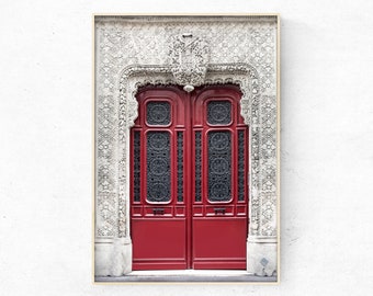Foto av den röda dörren i Paris på tryck eller canvas, fransk arkitekturdekor, inramad canvas med utsikt över Paris stadsbild, dekorativ väggkonst, leverans över hela världen