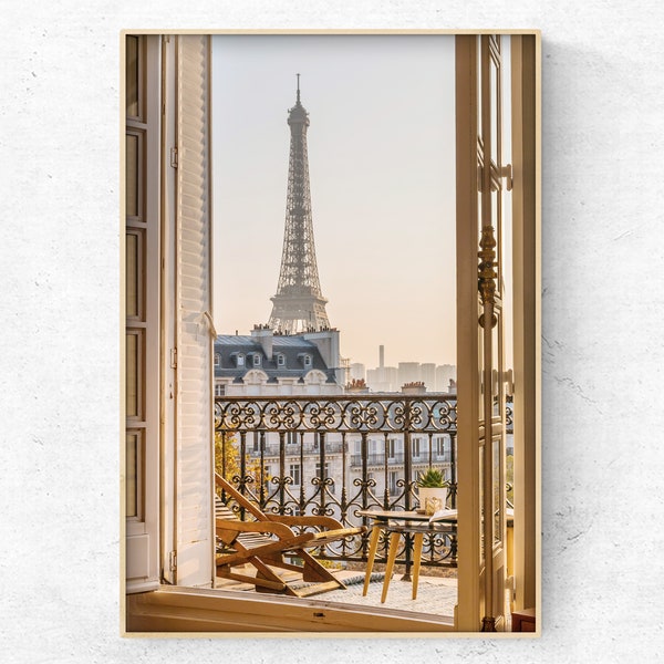 Paris balcony photo on print or canvas, French architecture decor, Eiffel Tower sunset view framed canvas, Pastel poster, Worldwide Shipping