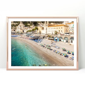 Foto della spiaggia della Costiera Amalfitana su carta stampata o tela, poster costiero mediterraneo, arredamento spiaggia europeo, fotografia Positano Italia