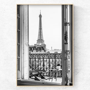 Foto del balcone di Parigi su stampa o tela, tela incorniciata con vista della Torre Eiffel in bianco e nero, poster di architettura francese, spedizione in tutto il mondo