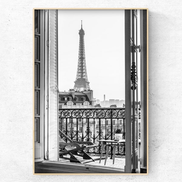 Paris balcony photo on print or canvas, black and white Eiffel Tower view framed canvas, French architecture poster, Worldwide Shipping