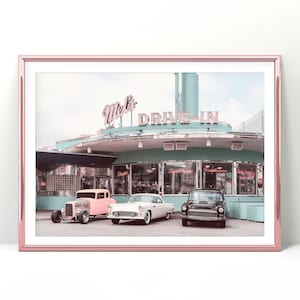 Mel's Drive In fotopapier print of canvas, American Diner decor, Roze en Teal ingelijst canvas, Vintage auto kunst aan de muur, Wereldwijde gratis verzending