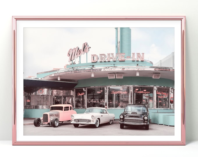 Mel's Drive In photo paper print or canvas, American Diner decor, Pink and Teal framed canvas, Vintage car wall art, Worldwide Free Shipping