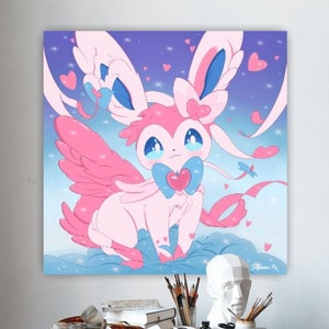 Peut inclure: Un personnage de dessin animé rose et bleu avec de grandes oreilles et des ailes, tenant un objet en forme de cœur. Le personnage est entouré de cœurs roses et de nuages sur un fond bleu.