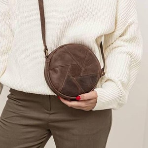 Small Round Leather Crossbody Bag: Handmade Shoulder Purse