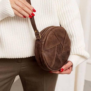 Round Leather Crossbody Bag: Small Shoulder Purse