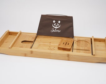 Bamboo bathtub tray, extendable and adjustable with shelf/holder for book, tablet & glass