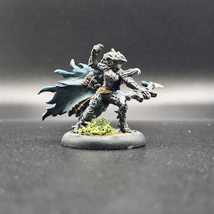 May include: Miniature figurine of a warrior in dark armor with a flowing blue cape. The figure is posed dynamically, holding a weapon. The base is round and has green moss. A detailed fantasy character for tabletop gaming.