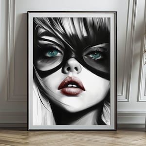 Manifesto retrò "Gatto!" . Manifesto vintage di "cat woman" di Alex Sense. Supereroi, fumetti, Pop Art e originali. Molto bello in una cornice verticale.